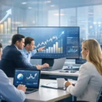 CFD forex platform organic growth analysis with team reviewing SEO performance and trading charts.