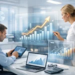 Financial SEO authority growth showing advisors reviewing backlink impact and lead performance.