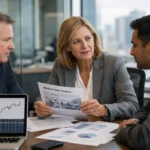 Professionals discussing medical clinic analysis with charts and reports during a business meeting.