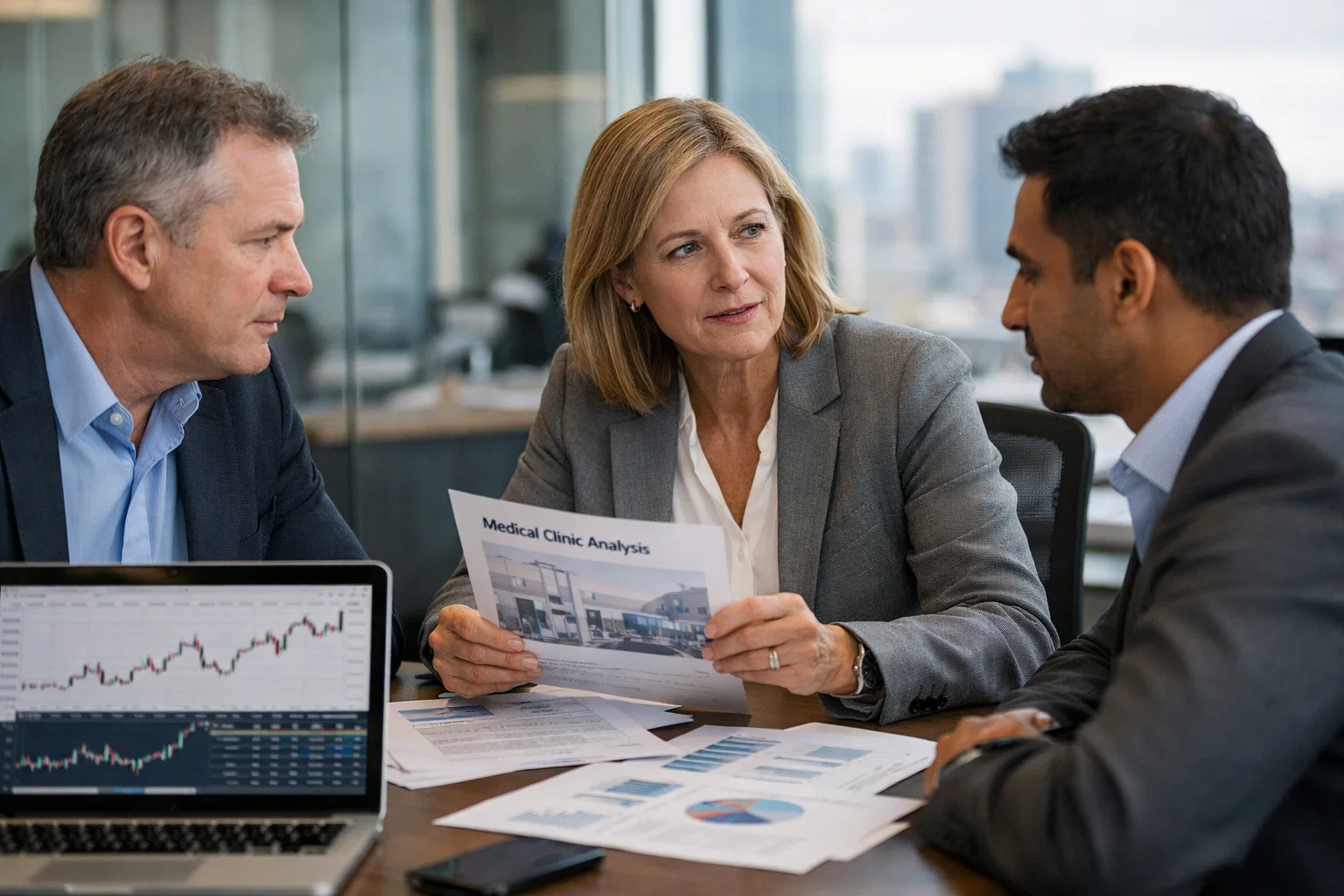 Professionals discussing medical clinic analysis with charts and reports during a business meeting.