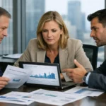Web studio promotion investment review with team analyzing traffic charts and reports.